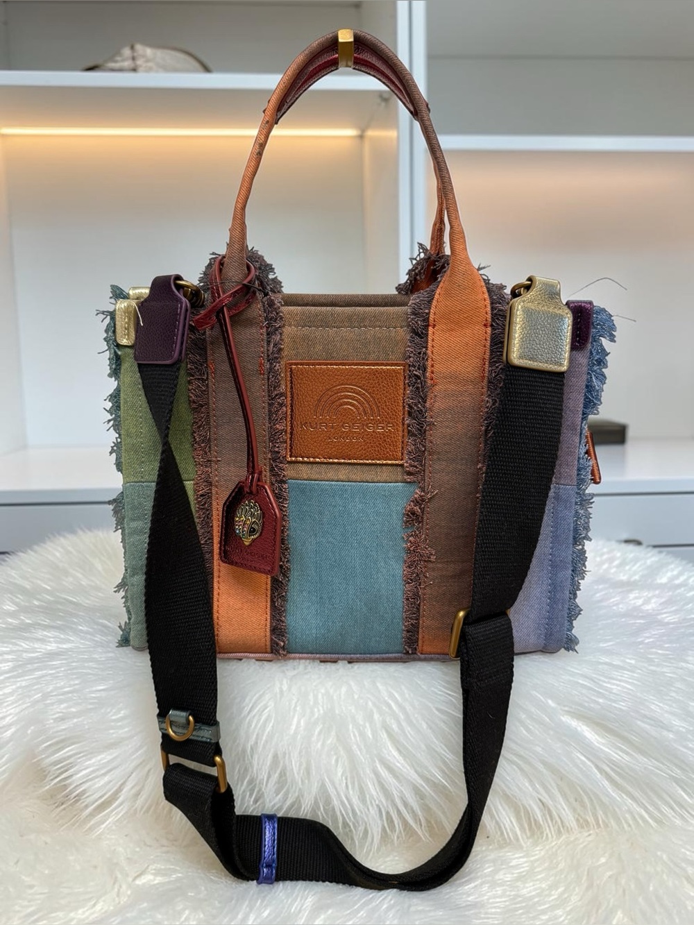 Kurt Geiger London Small Southbank Frayed Patchwork Denim Tote Bag NWOT